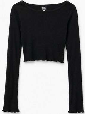 BDG Black Ribbed Lettuce-Hem Cropped Long-Sleeve Top